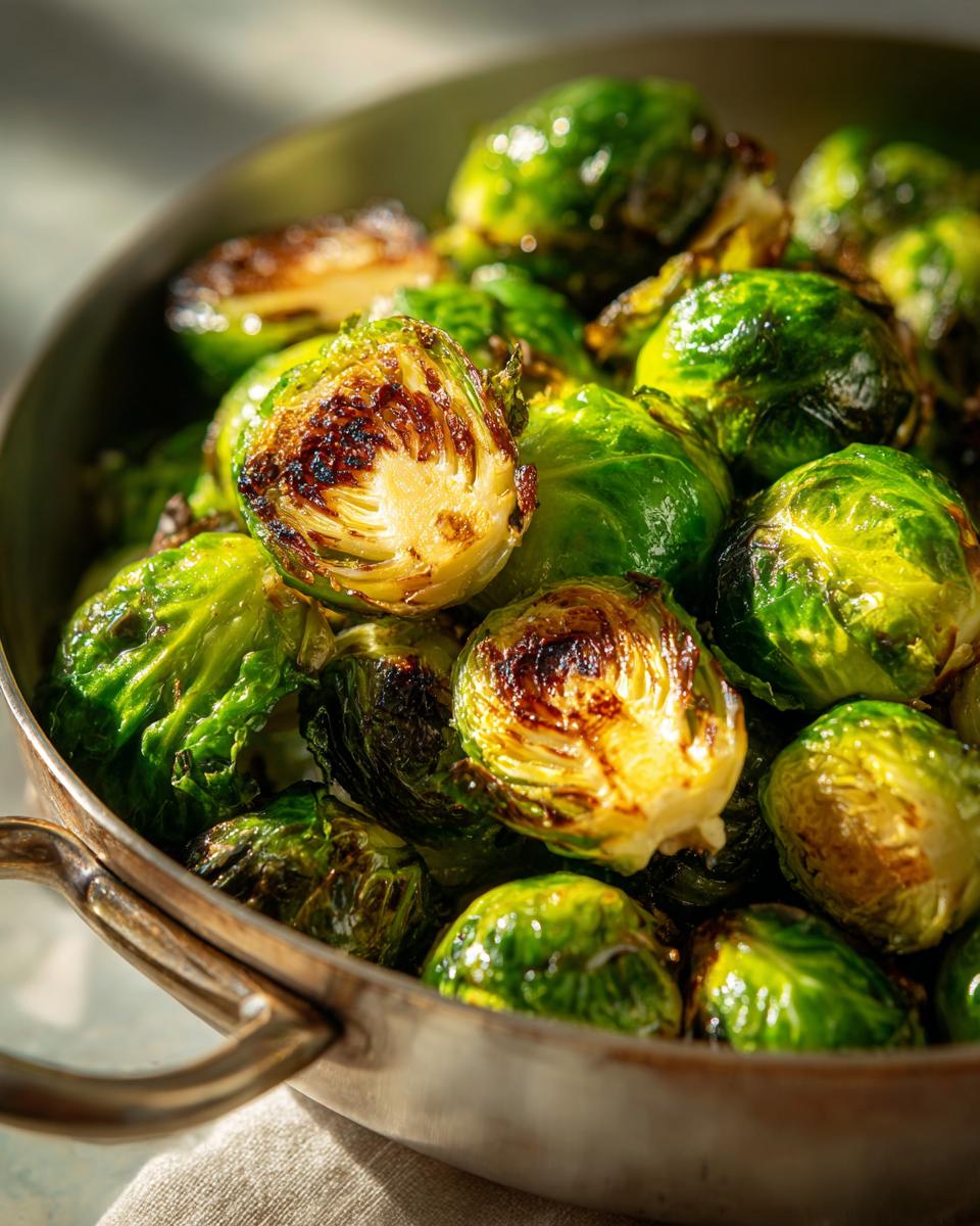 Close-up of perfectly air-fried Brussels sprouts, showing crisp, caramelized edges and vibrant green leaves.