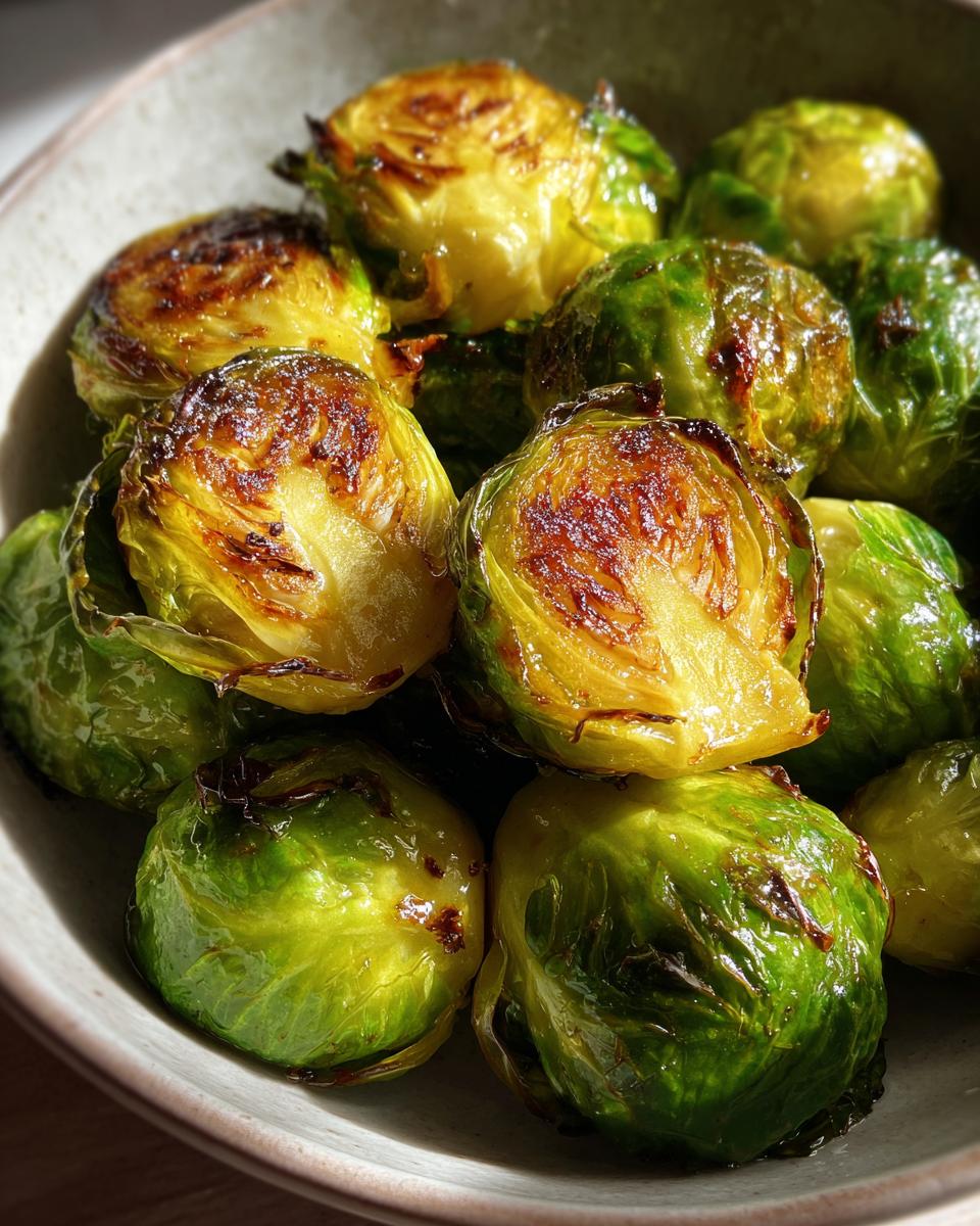 Close-up of perfectly air-fried Brussels sprouts, showing their crisp, caramelized edges and vibrant green color.