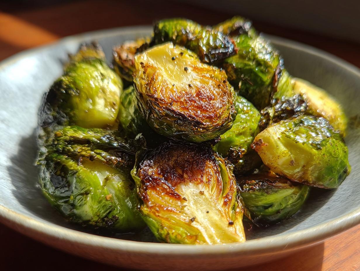 Close-up of perfectly crisp and caramelized Brussels sprouts in a bowl, showcasing their vibrant green color and roasted texture.