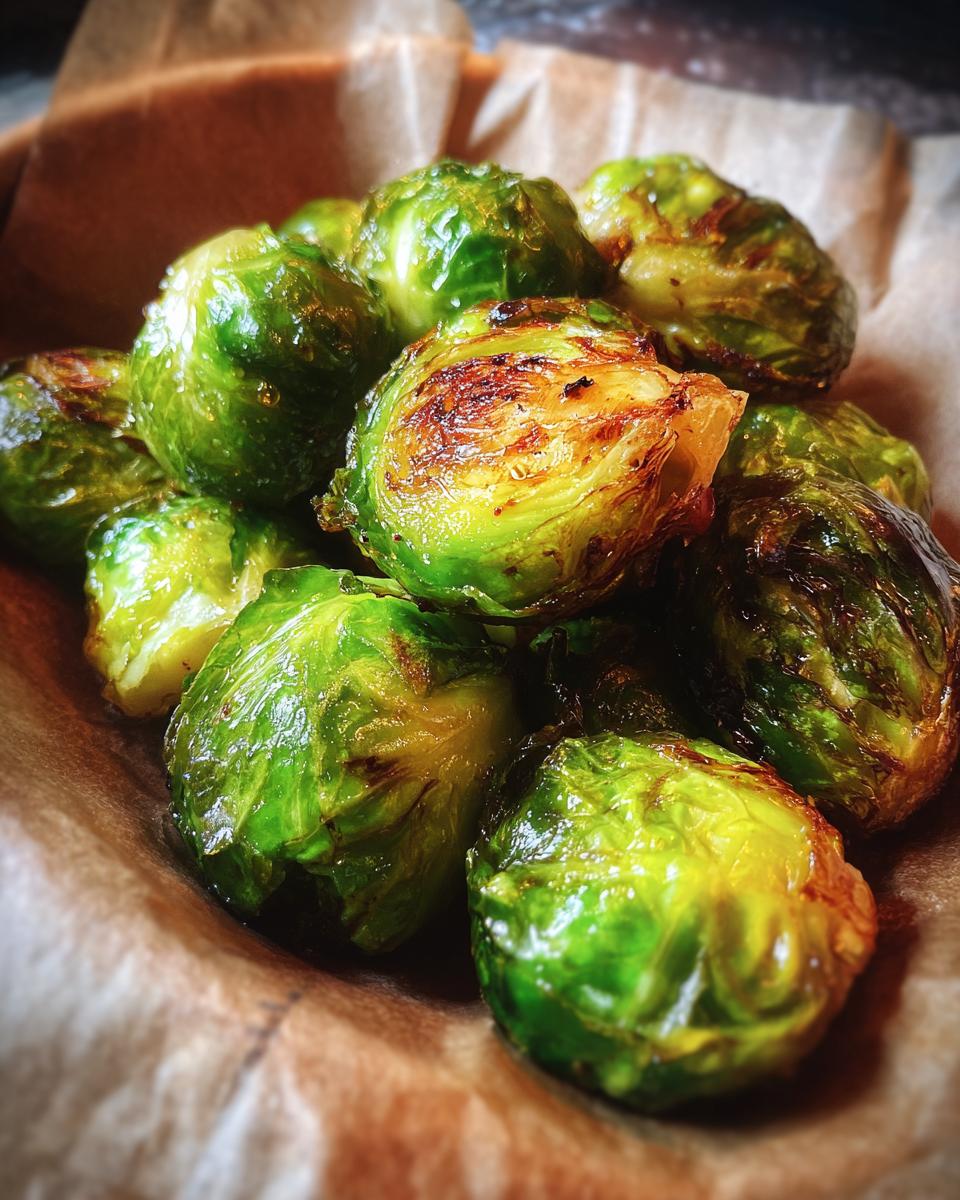 A close-up of perfectly crisp and caramelized Brussels sprouts cooked in an air fryer.