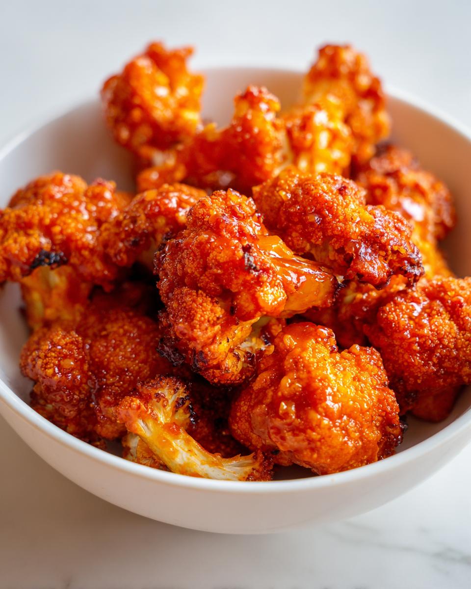 A bowl of crispy Air Fryer Buffalo Cauliflower florets coated in a vibrant orange buffalo sauce.