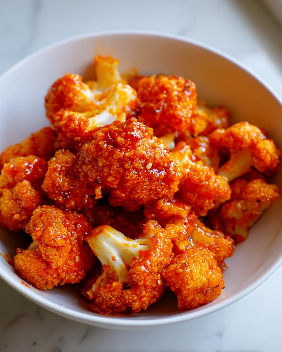 Close-up of crispy air fryer buffalo cauliflower florets coated in a vibrant orange sauce, served in a white bowl.