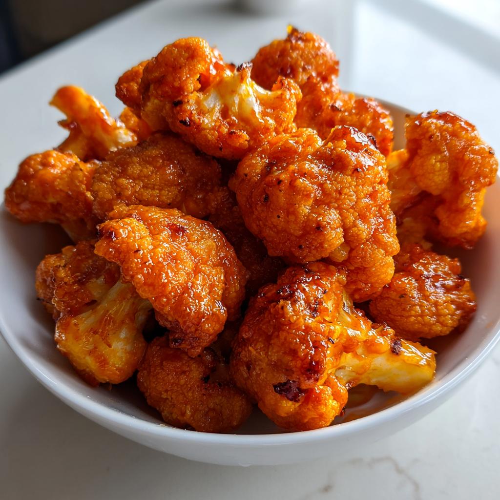 A bowl of crispy air fryer buffalo cauliflower florets coated in a vibrant orange sauce.