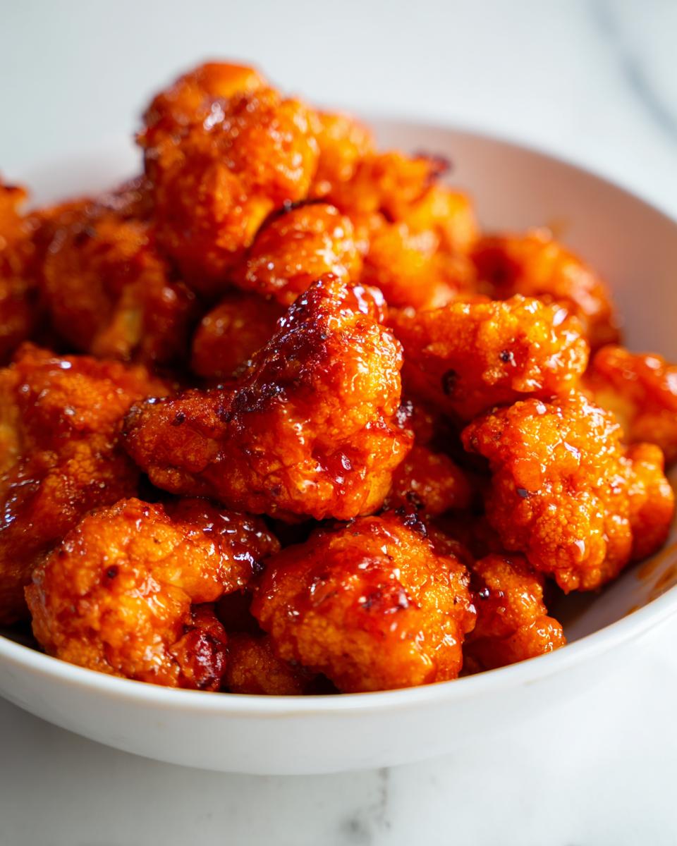Close-up of crispy air fryer buffalo cauliflower bites coated in a glossy, spicy sauce in a white bowl.