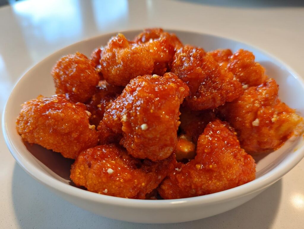 A white bowl filled with delicious, crispy air fryer buffalo cauliflower bites coated in a glossy, orange buffalo sauce.