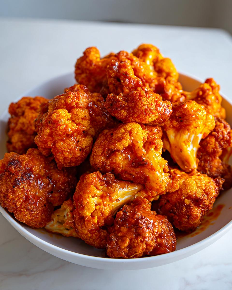 A bowl overflowing with crispy, saucy buffalo cauliflower florets, perfect for air fryer recipes.
