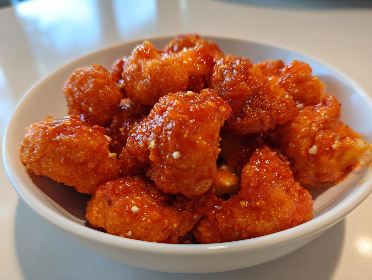 A white bowl filled with delicious, crispy air fryer buffalo cauliflower bites coated in a glossy, orange buffalo sauce.
