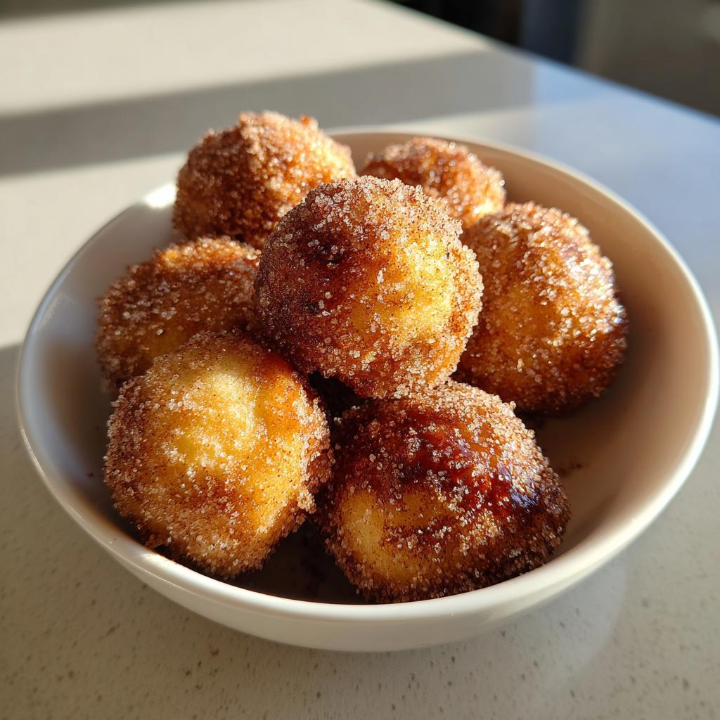 A bowl of golden brown, freshly made air fryer donut holes coated in cinnamon sugar.