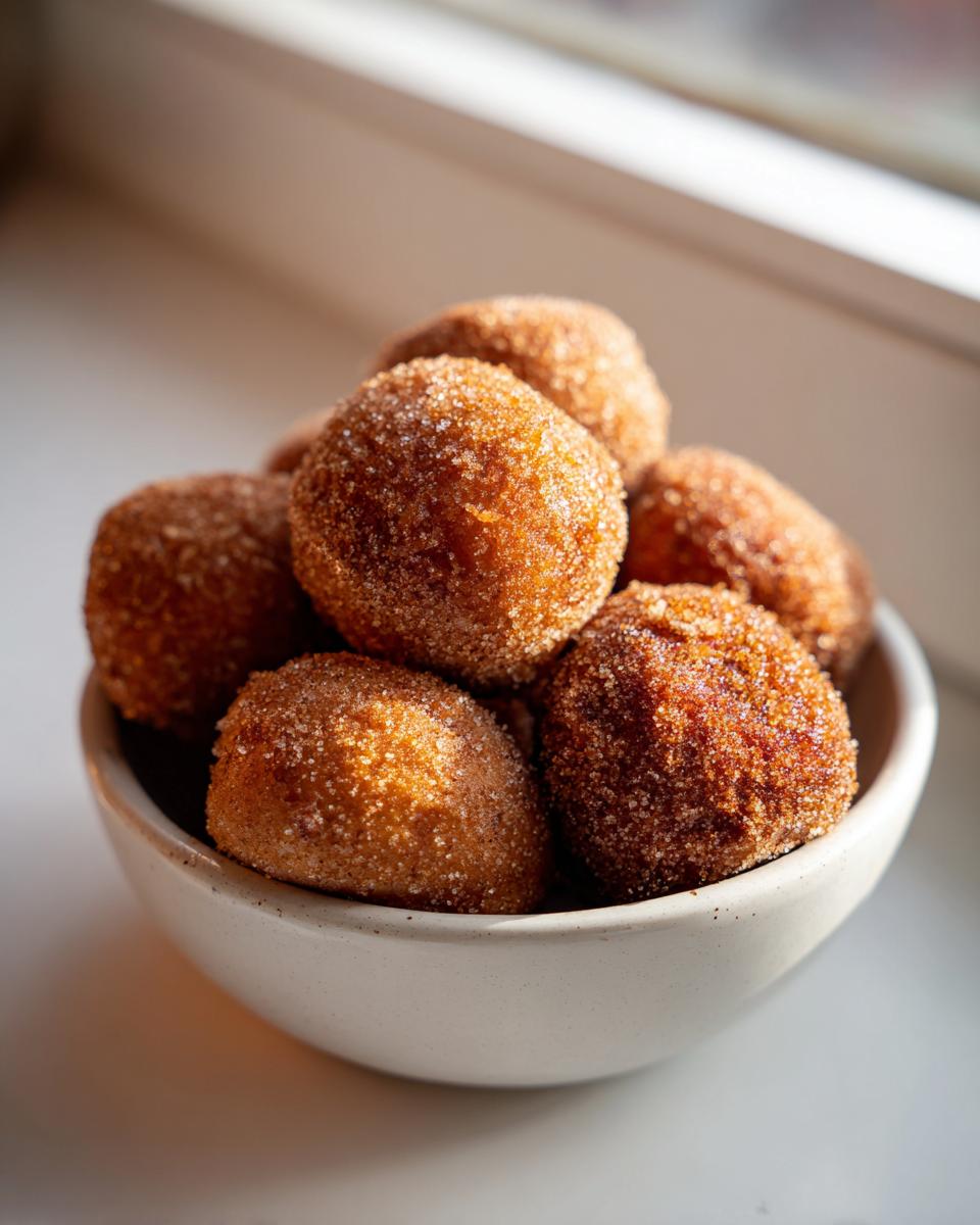 A bowl of freshly made air fryer cinnamon sugar donut holes, coated in a sweet cinnamon sugar mixture.