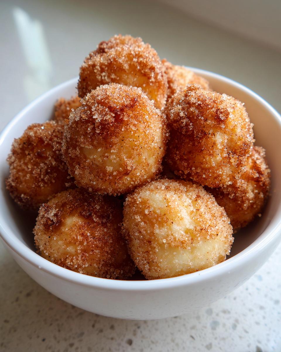 Close-up of a white bowl filled with homemade air fryer cinnamon sugar donut holes.