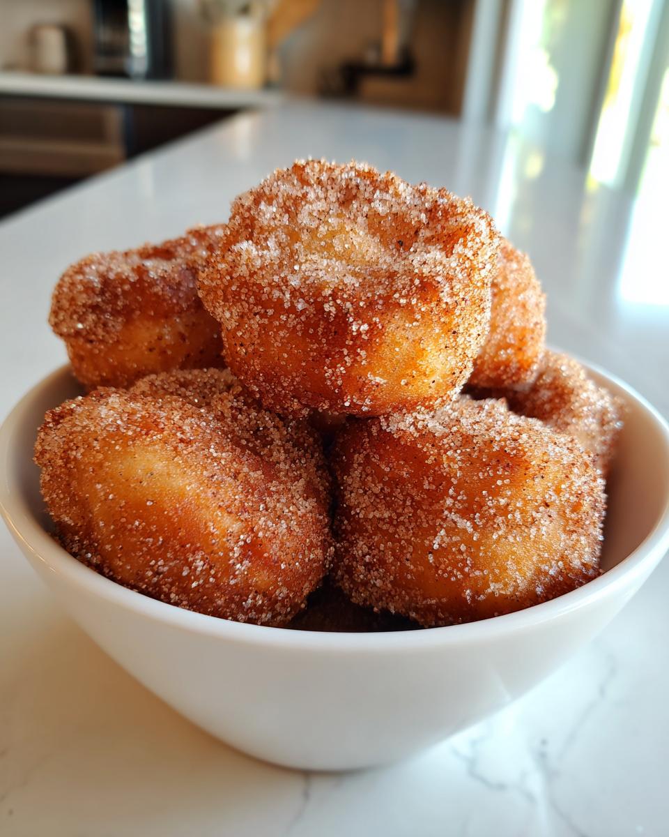 A bowl of freshly made air fryer cinnamon sugar donut holes, glistening with sugar.