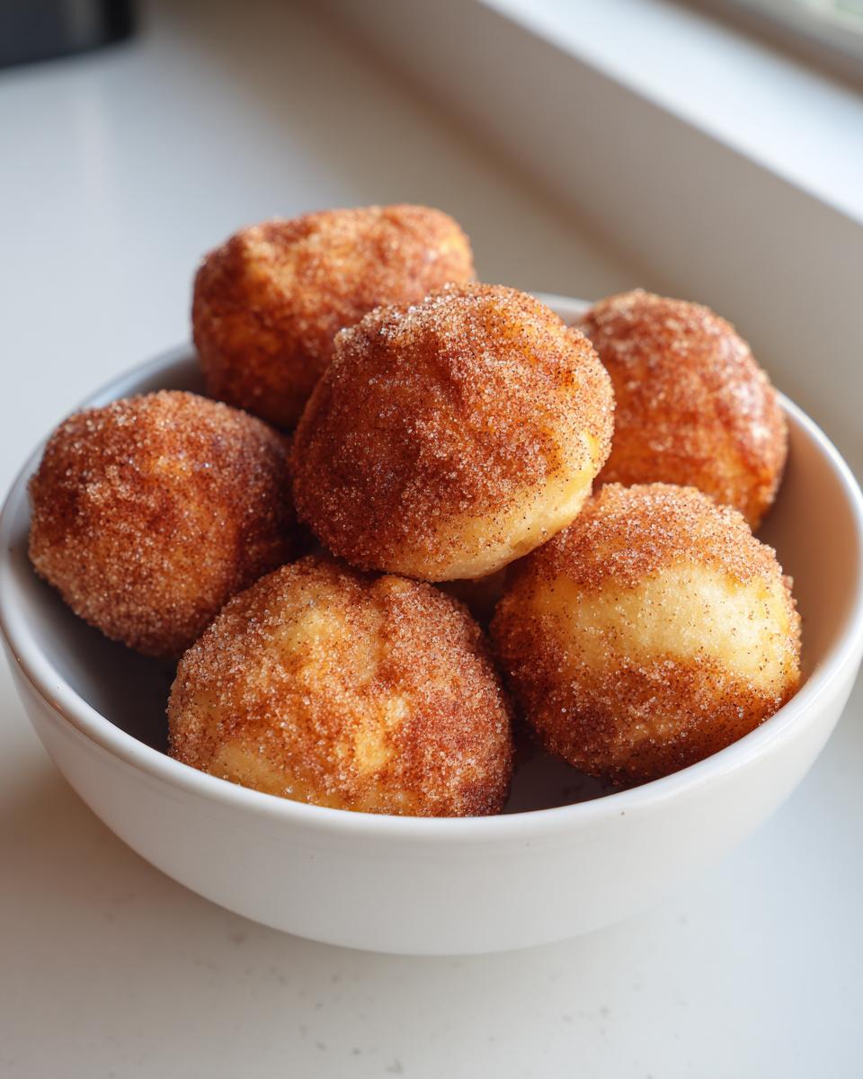 A bowl of freshly made cinnamon sugar donut holes, perfect for air fryer recipes at home.