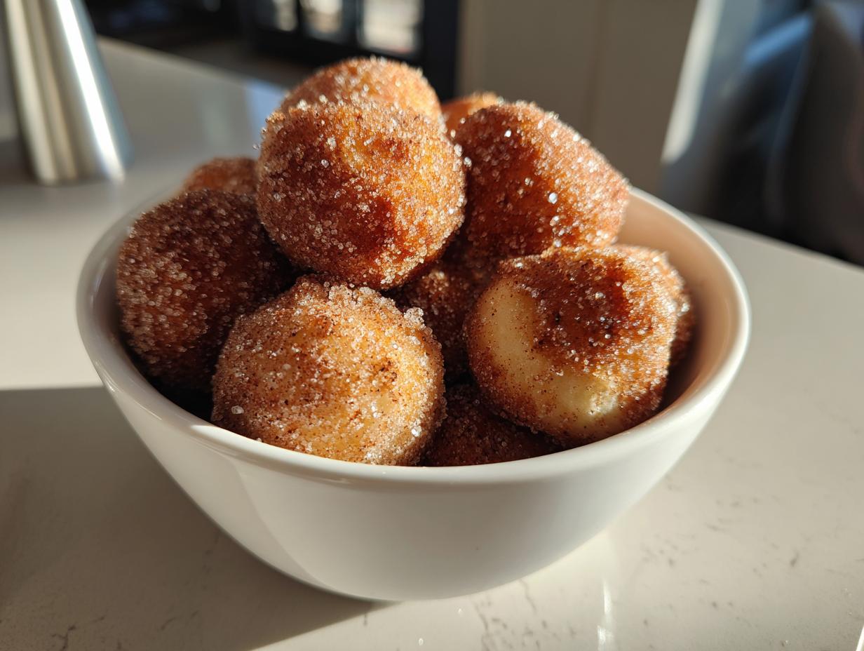 A white bowl filled with warm, fluffy donut holes coated in cinnamon sugar, perfect for air fryer recipes.