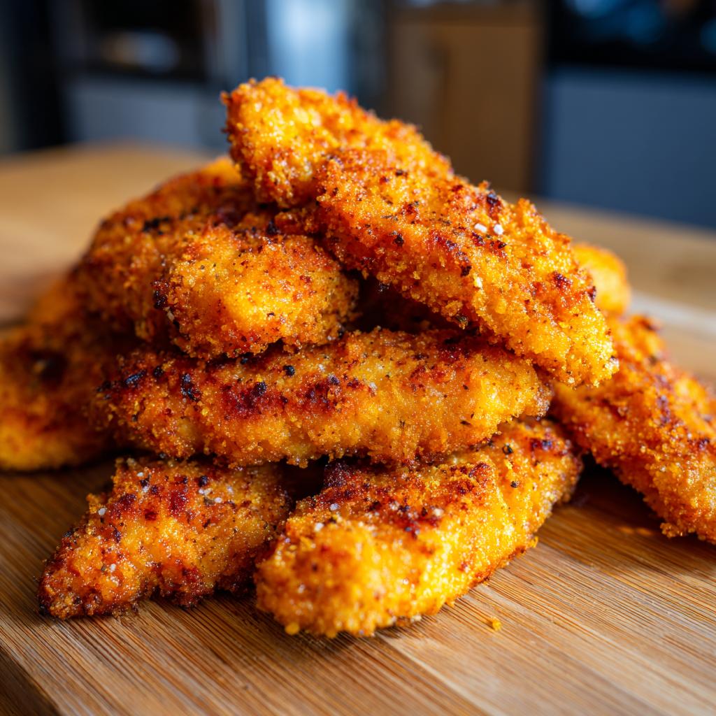 A pile of golden-brown, crispy chicken tenders cooked in an air fryer, seasoned with spices.