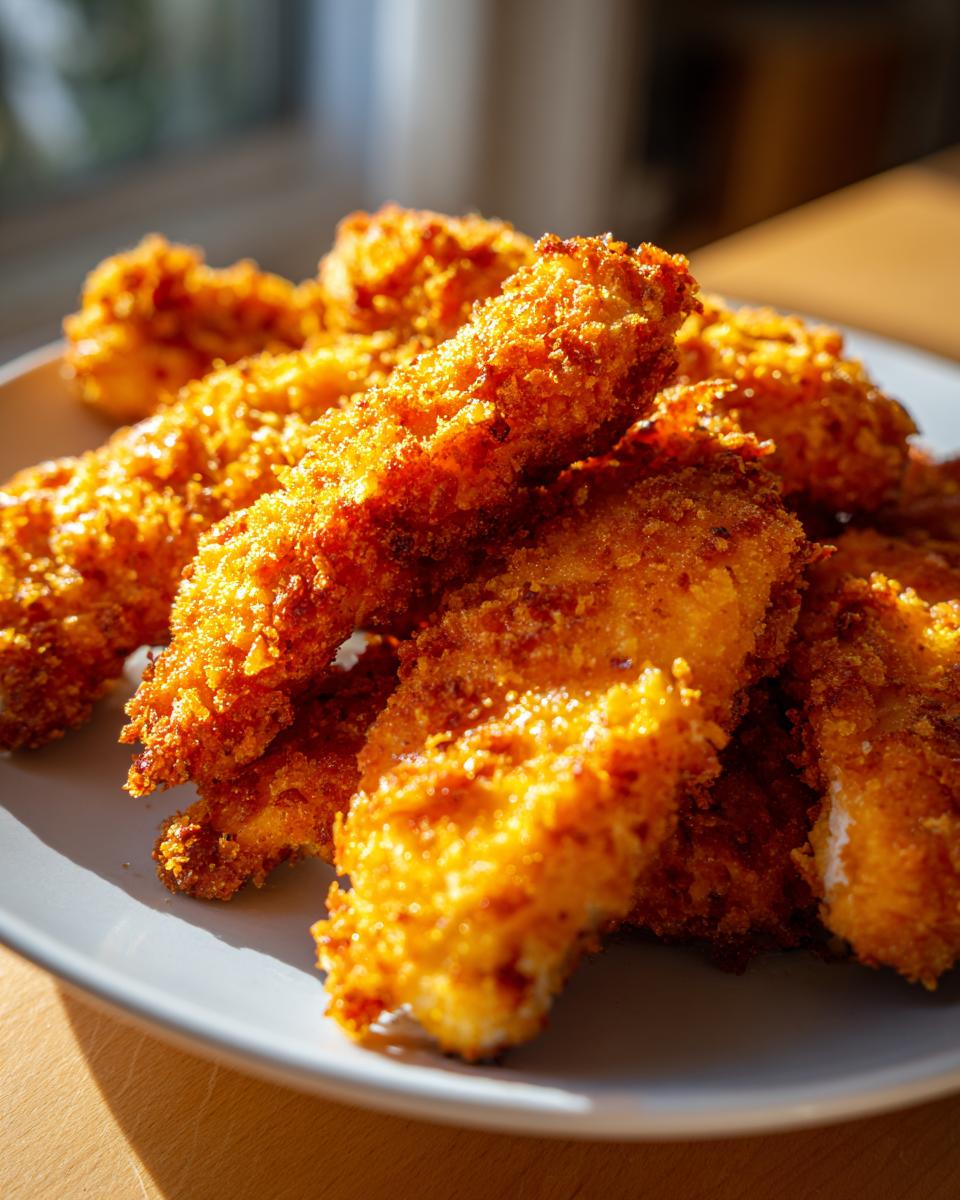 A close-up shot of golden-brown, crispy chicken tenders made in an air fryer, piled on a plate.