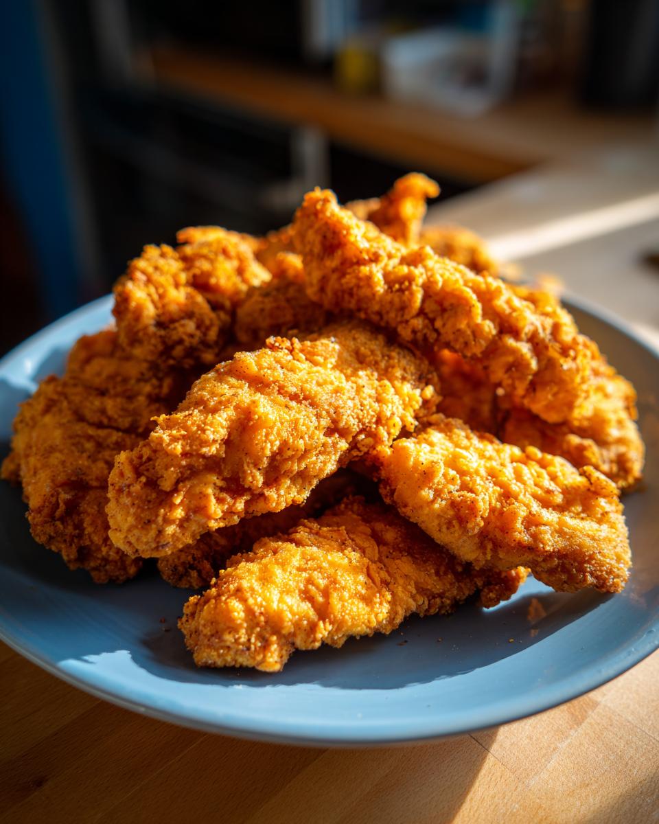 A pile of golden-brown, crispy chicken tenders on a blue plate, perfect for air fryer recipes.
