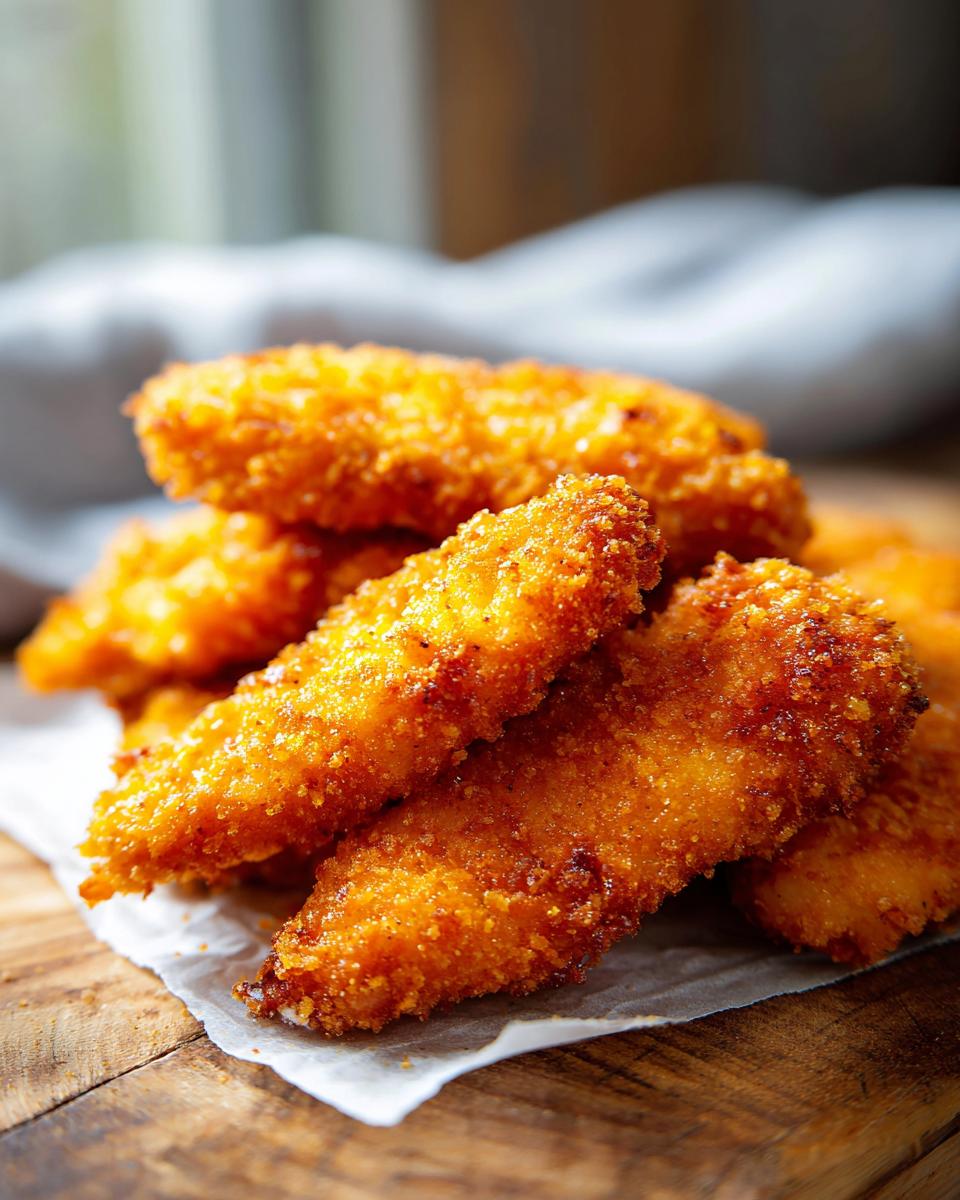 Close-up of golden-brown, crispy chicken tenders made in an air fryer.