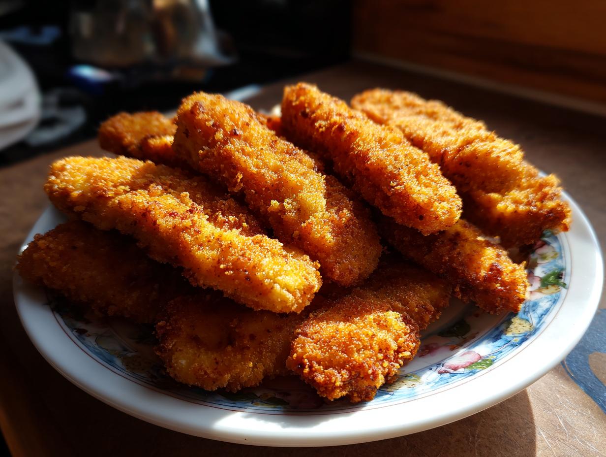 A plate piled high with golden-brown, crispy chicken tenders made in an air fryer.