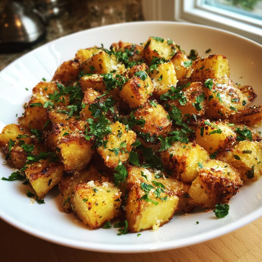 Close-up of golden-brown, crispy garlic parmesan potatoes, seasoned with fresh parsley, served in a white bowl.