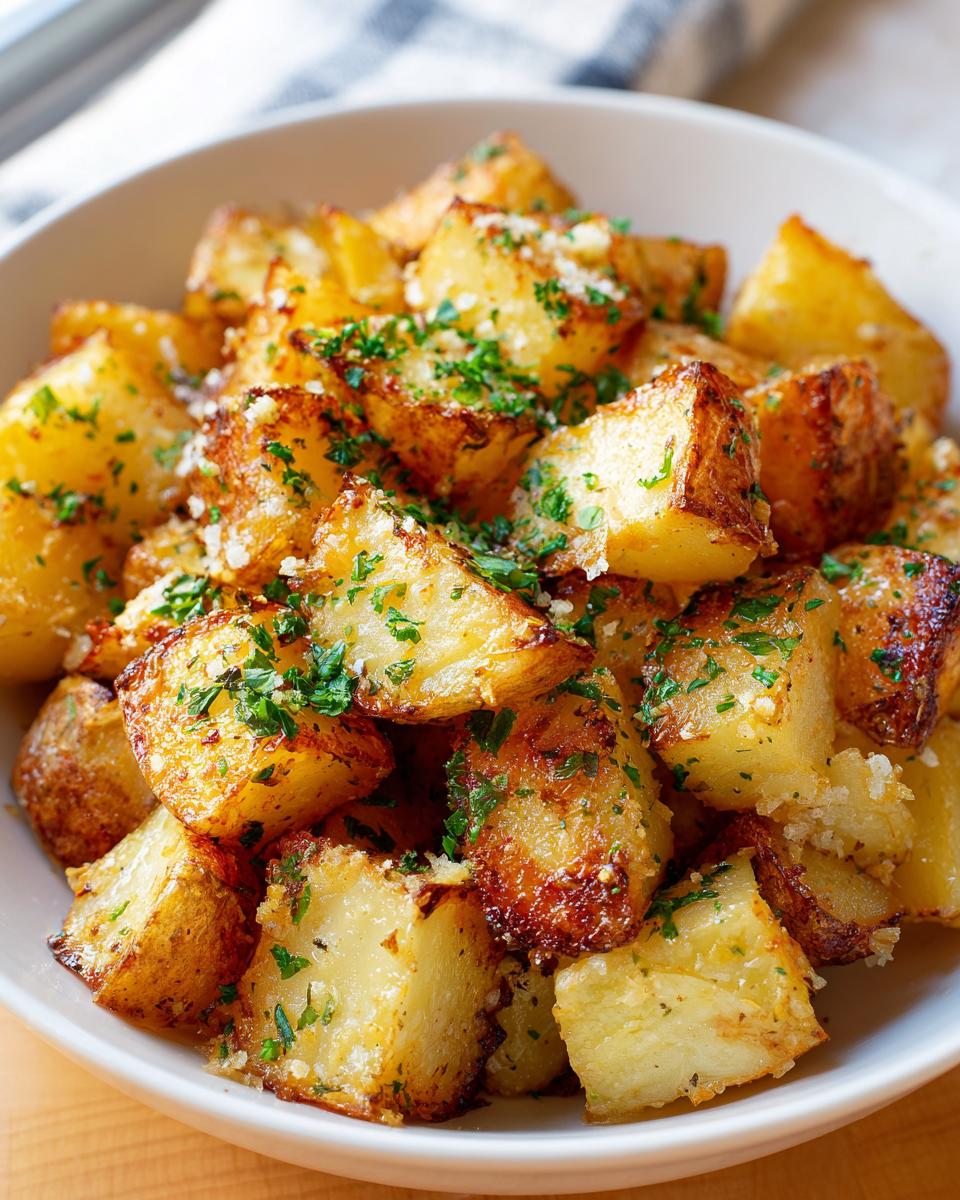 A bowl of crispy, golden-brown air fryer garlic parmesan potatoes sprinkled with fresh parsley.