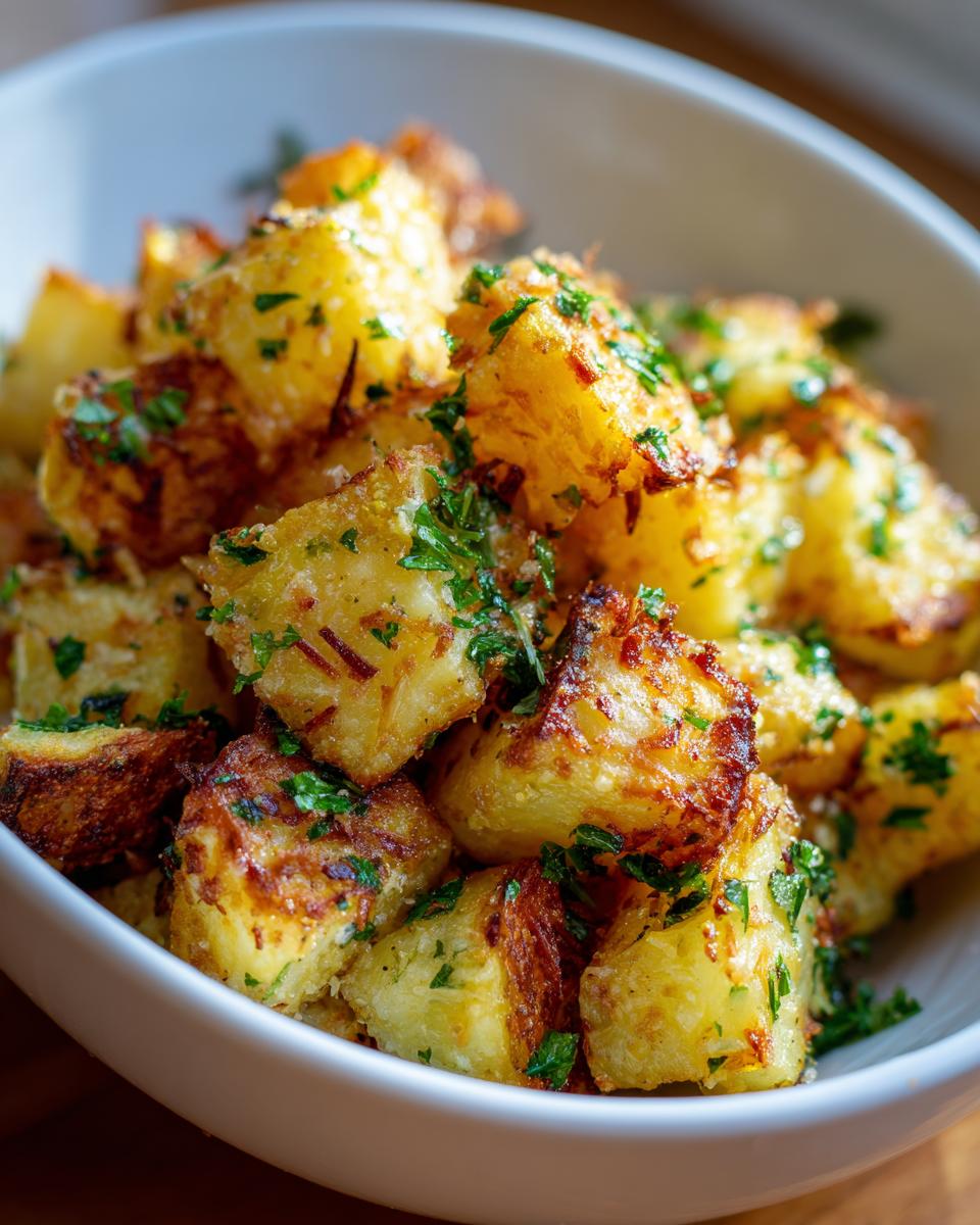 Close-up of golden-brown garlic parmesan potatoes, seasoned with fresh parsley, in a white bowl.