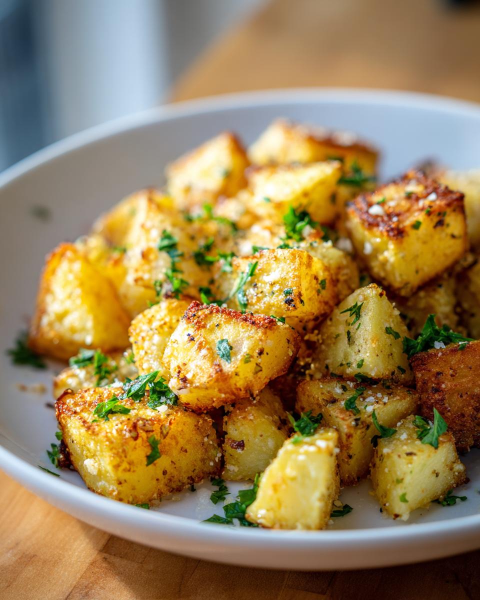 Close-up of golden brown air fryer garlic parmesan potatoes sprinkled with fresh parsley.