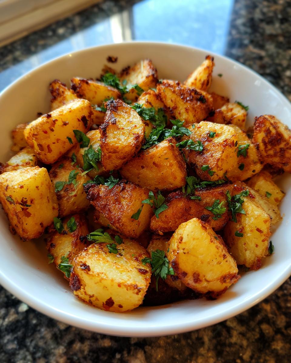 A bowl of golden brown, crispy air fryer garlic parmesan potatoes sprinkled with fresh parsley.