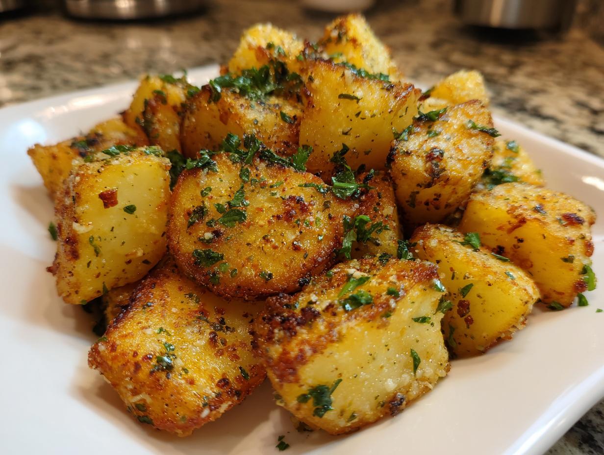Close-up of golden-brown air fryer garlic parmesan potatoes sprinkled with fresh parsley.