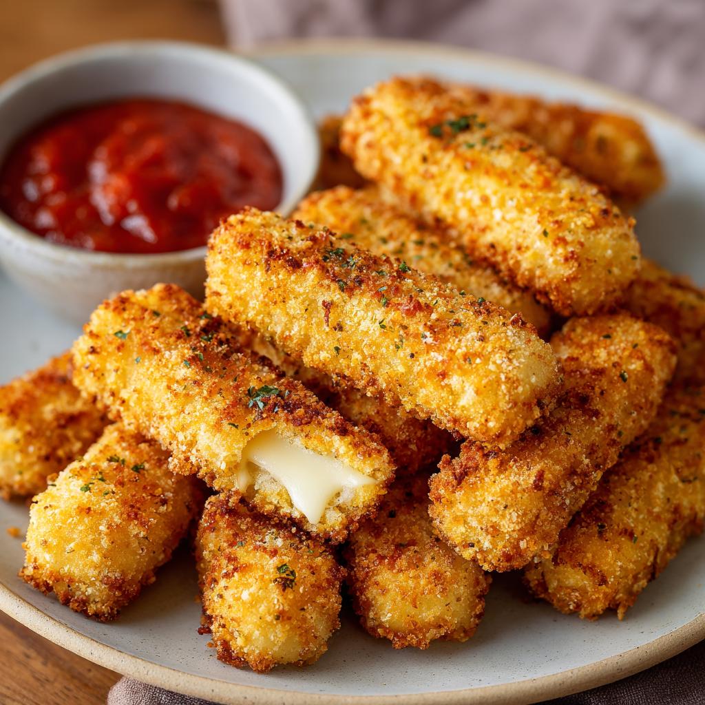 A pile of golden brown, crispy air fryer mozzarella sticks served with a side of marinara sauce.