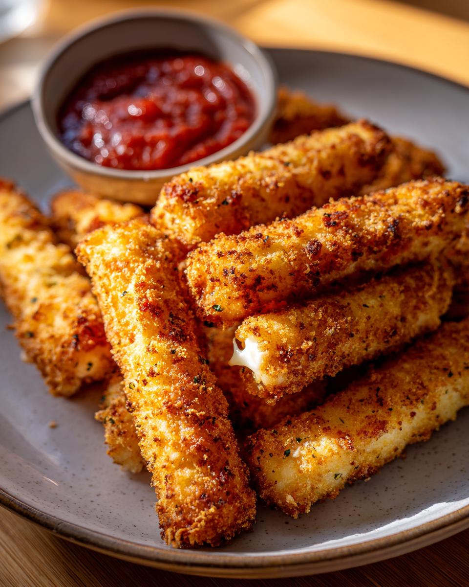 A plate of golden brown, crispy air fryer mozzarella sticks served with a side of marinara sauce.