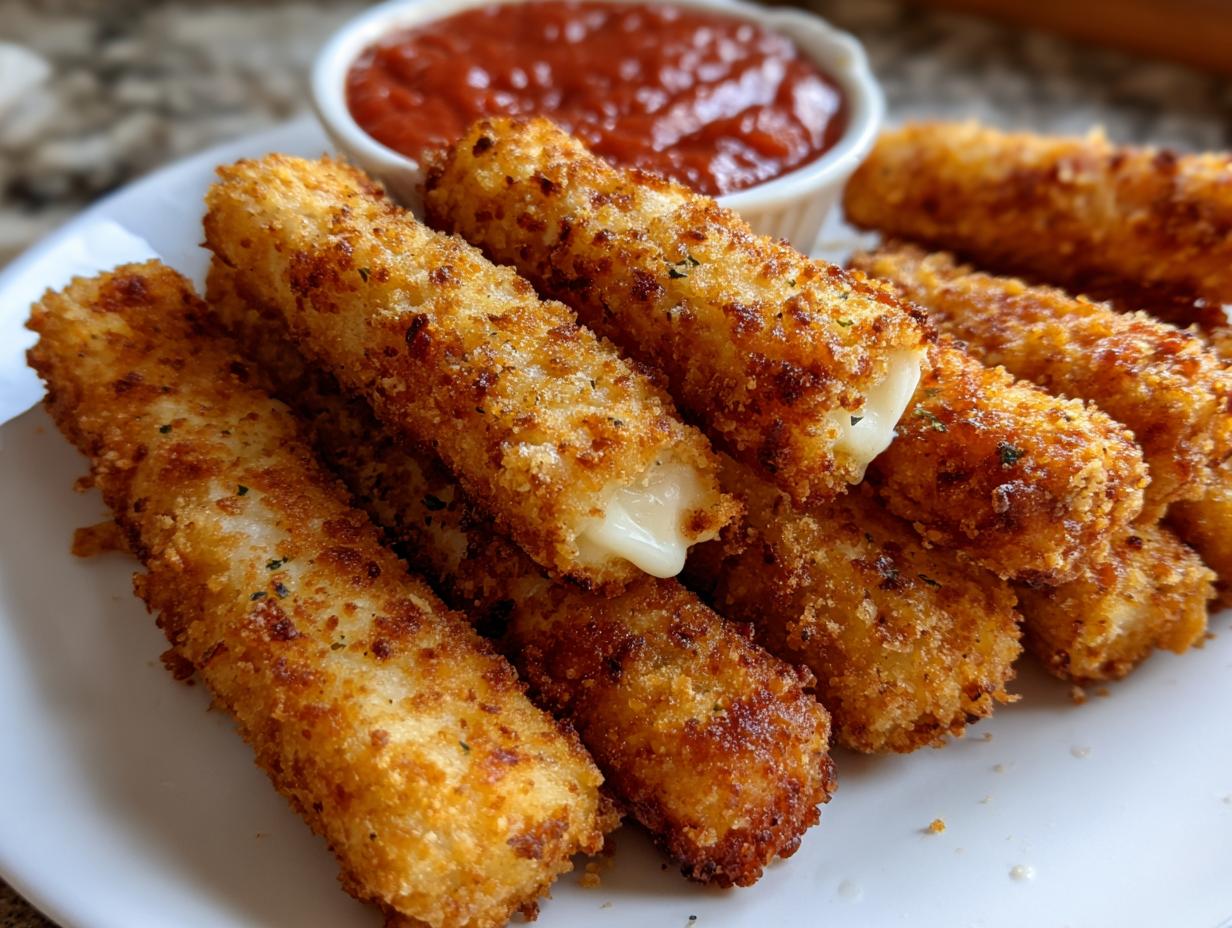 Golden brown, crispy air fryer mozzarella sticks piled on a white plate with a side of marinara sauce.