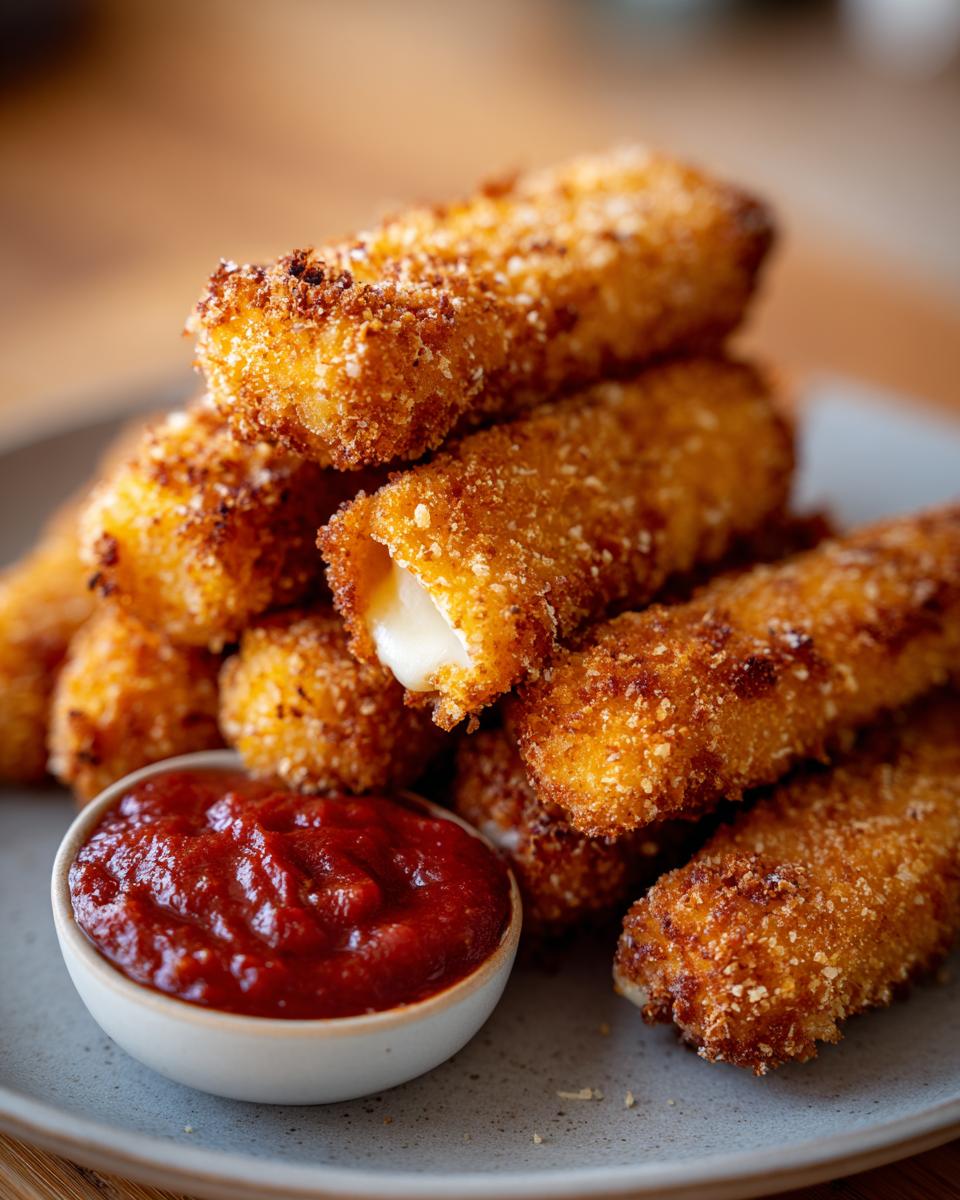 A stack of crispy, golden air fryer mozzarella sticks served with a side of marinara sauce.