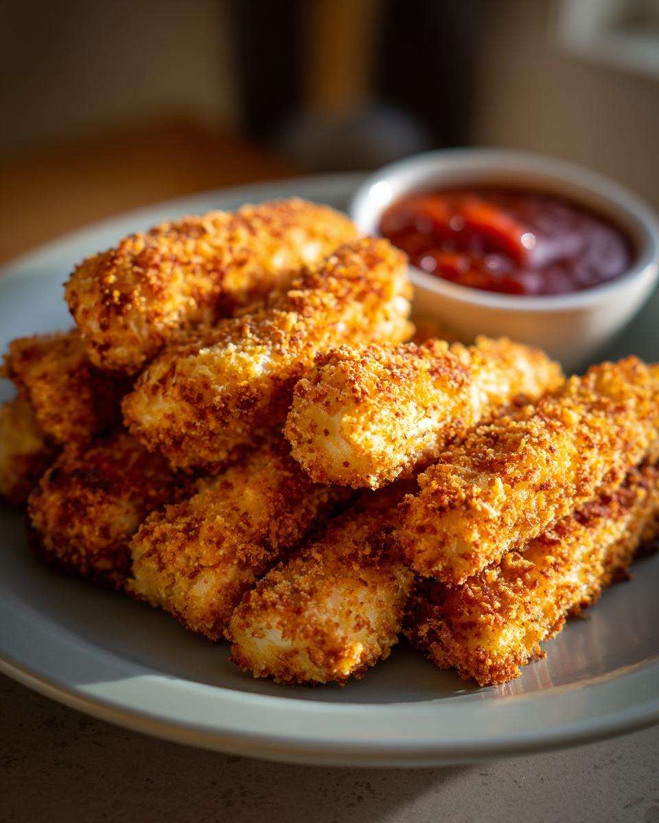 A pile of golden-brown air fryer mozzarella sticks served with a side of marinara sauce.