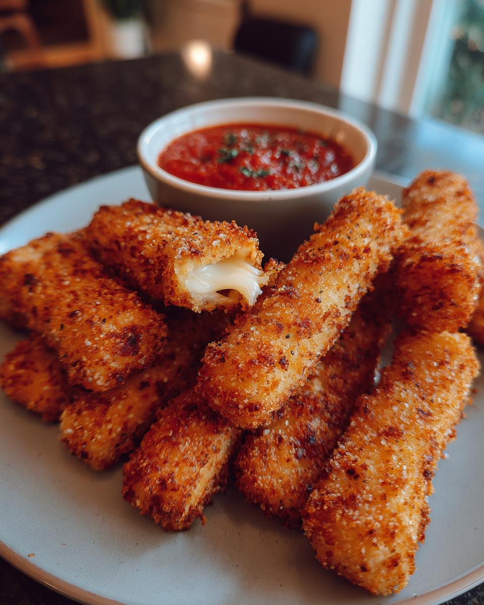 A plate of golden brown air fryer mozzarella sticks with a bowl of marinara sauce, one stick is broken open showing melted cheese.