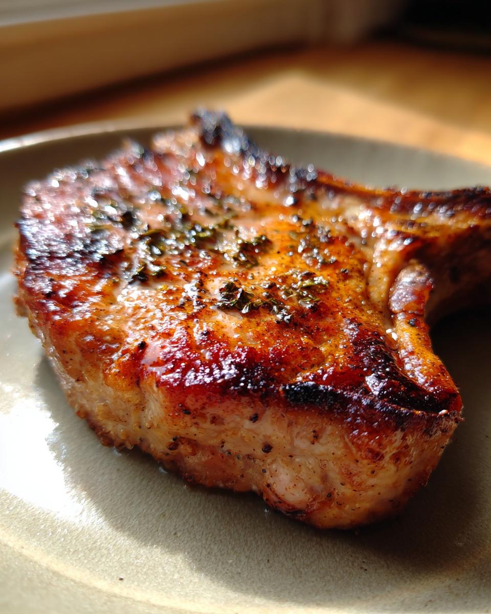 Close-up of a perfectly cooked, juicy pork chop made with air fryer recipes, seasoned with herbs.