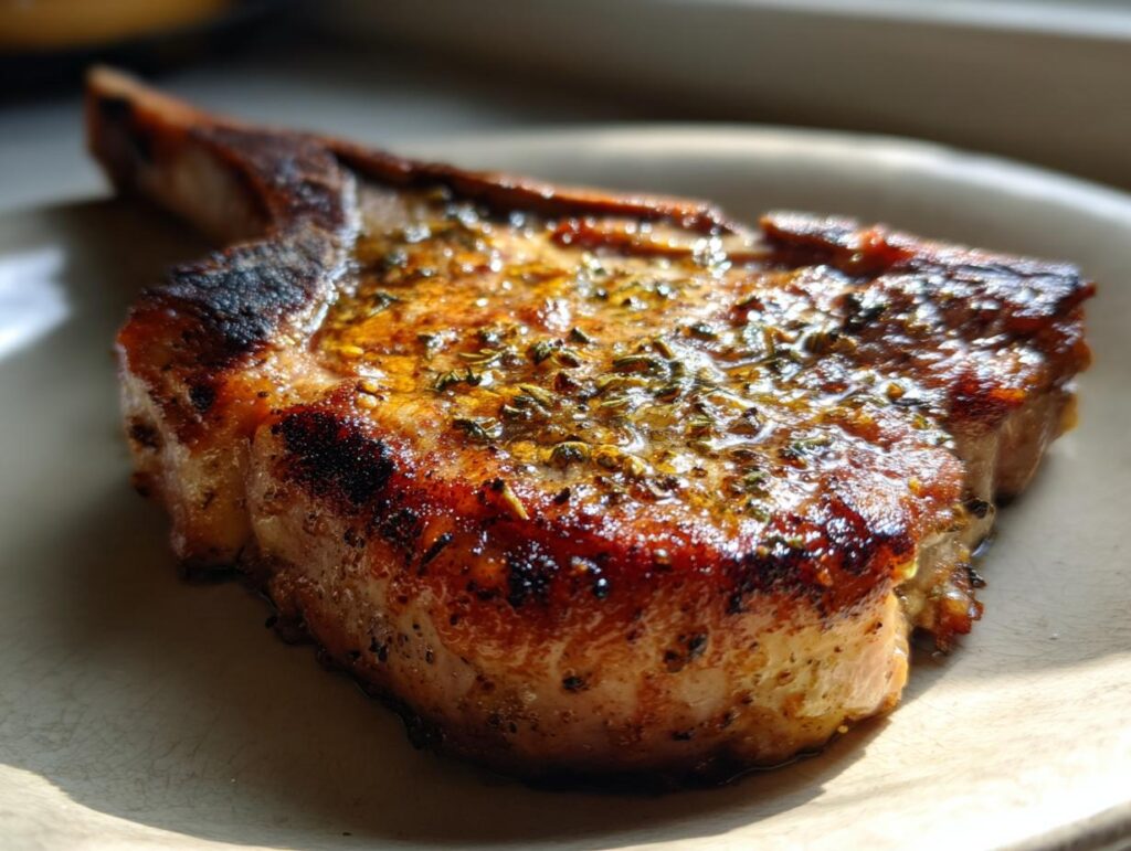 Close-up of a perfectly cooked, juicy pork chop seasoned with herbs, made using air fryer recipes.