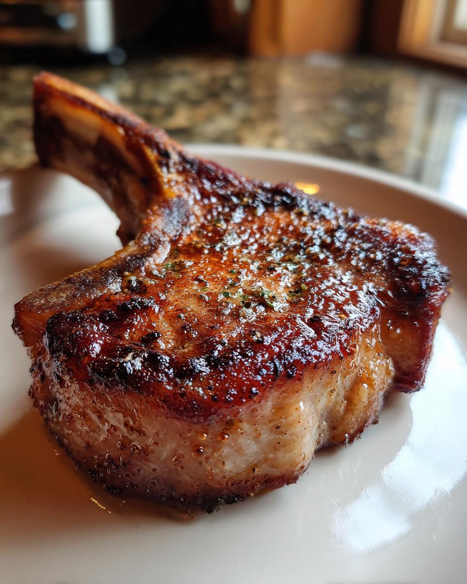A perfectly cooked, juicy pork chop made in an air fryer, seasoned and browned.