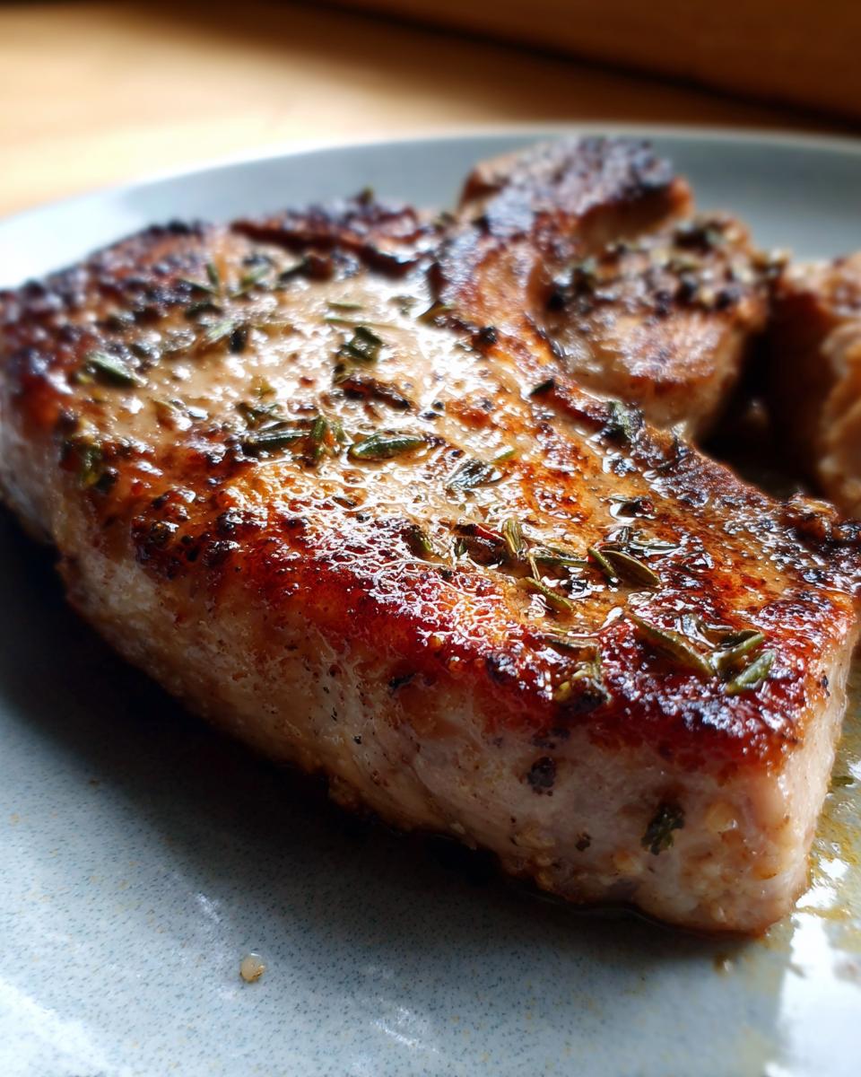 Close-up of a perfectly cooked, juicy pork chop seasoned with herbs, made using air fryer recipes.