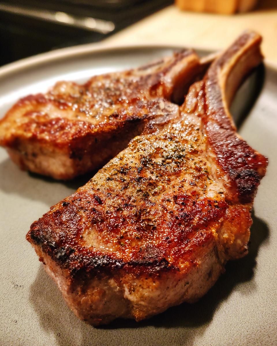 Two perfectly cooked, juicy pork chops seasoned with herbs and spices, served on a plate.