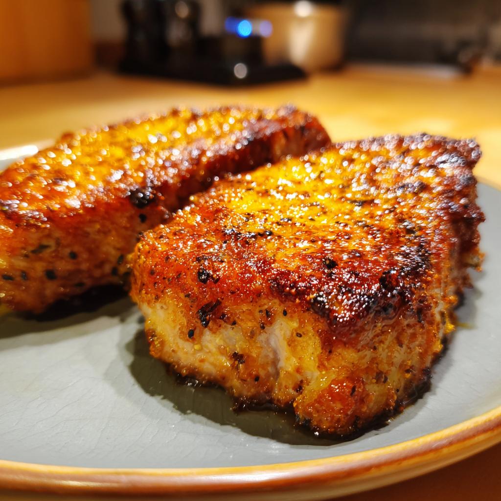 Close-up of two perfectly cooked, juicy pork chops made using air fryer recipes, with a golden-brown crust.