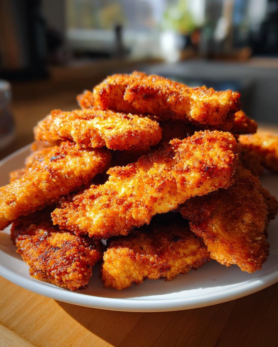 A pile of golden-brown, crispy chicken tenders cooked in an air fryer, ready to be enjoyed.
