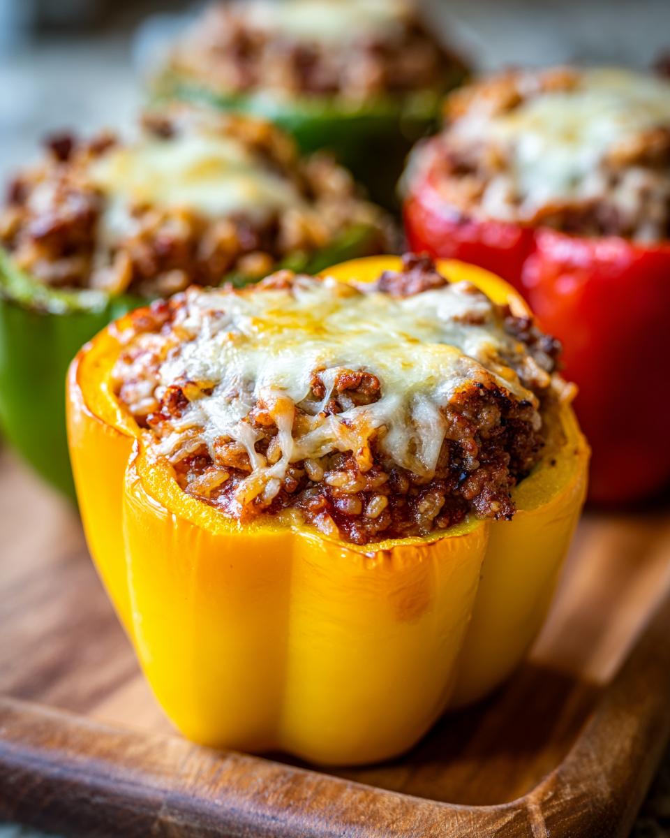 A close-up of a yellow stuffed pepper with melted cheese, part of a batch of air fryer recipes with stuffed peppers.