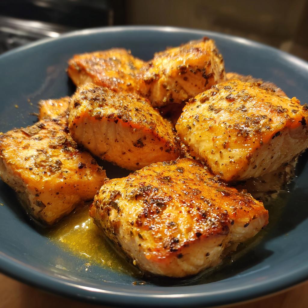 Golden brown air fryer salmon bites seasoned with herbs, served in a blue bowl.