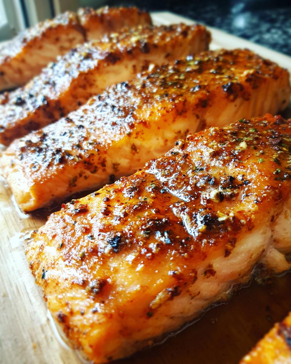Close-up of perfectly cooked air fryer salmon bites with a glistening glaze and seasoning.