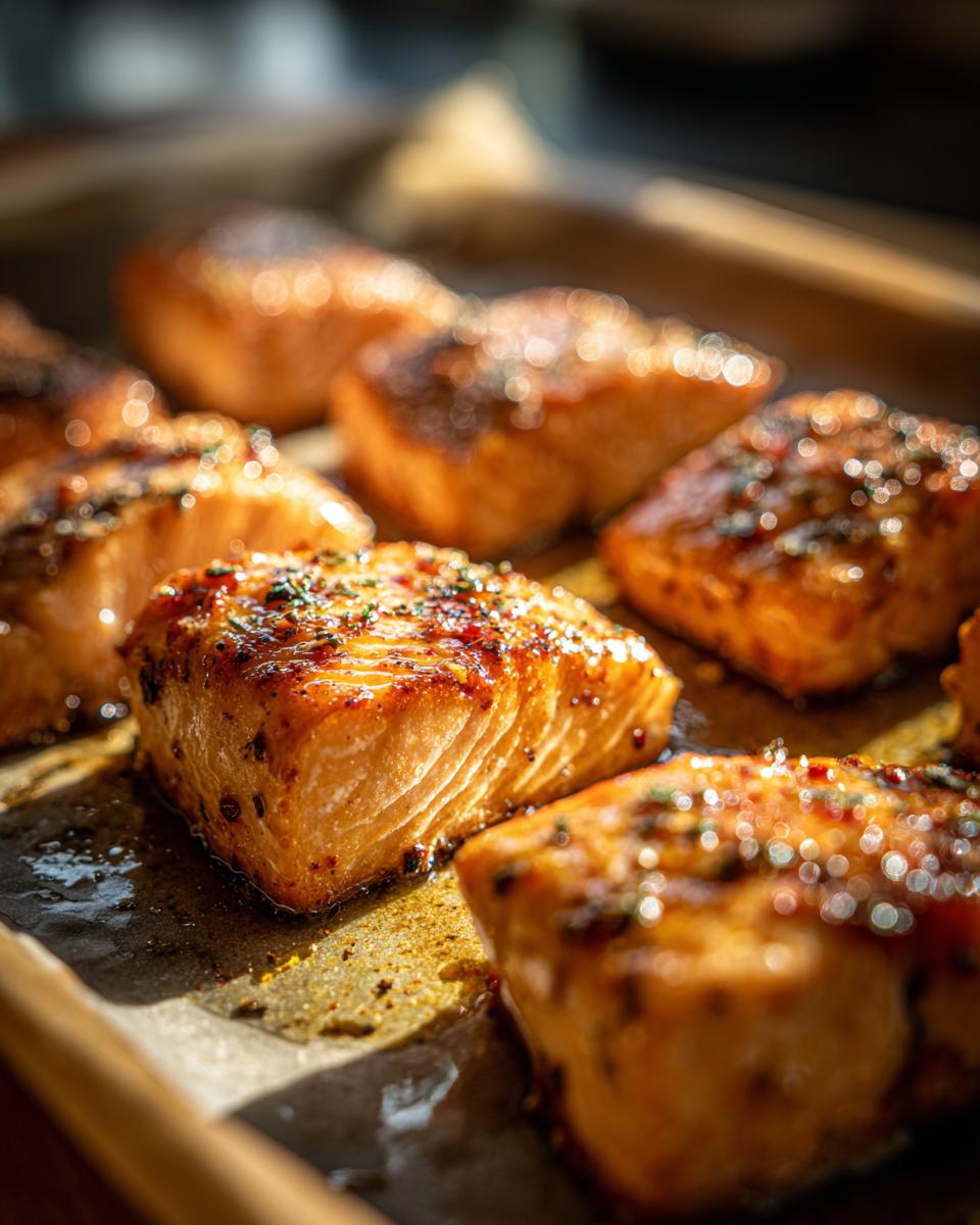 Close-up of golden-brown air fryer salmon bites seasoned with herbs, ready for a fast protein dinner.