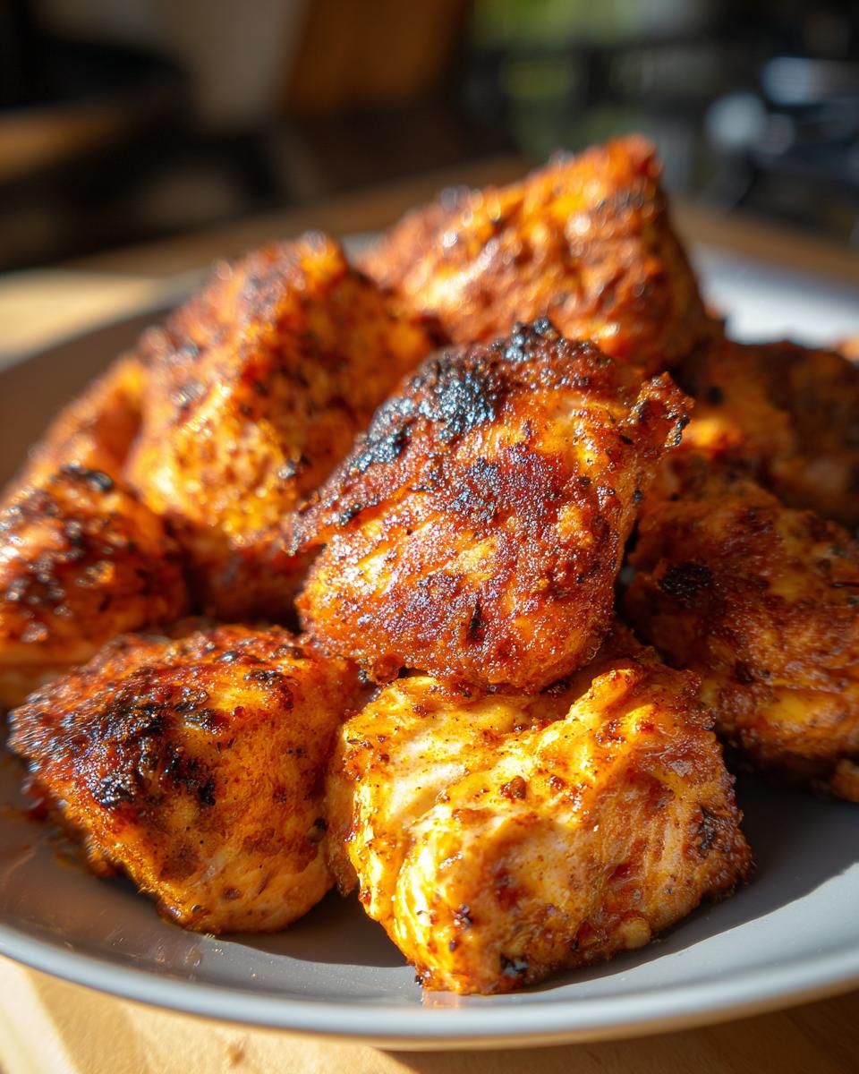Close-up of seasoned air fryer salmon bites piled on a plate, ready for a fast protein dinner.