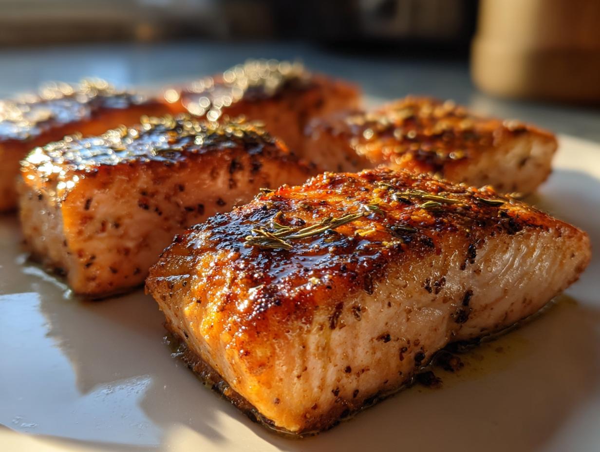 Close-up of perfectly cooked air fryer salmon bites seasoned with herbs, ready for a fast protein dinner.