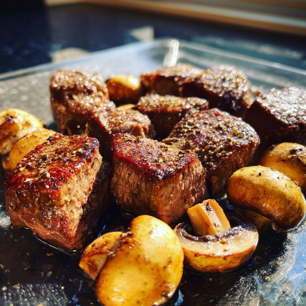 Close-up of juicy air fryer steak bites and mushrooms, seasoned with pepper.