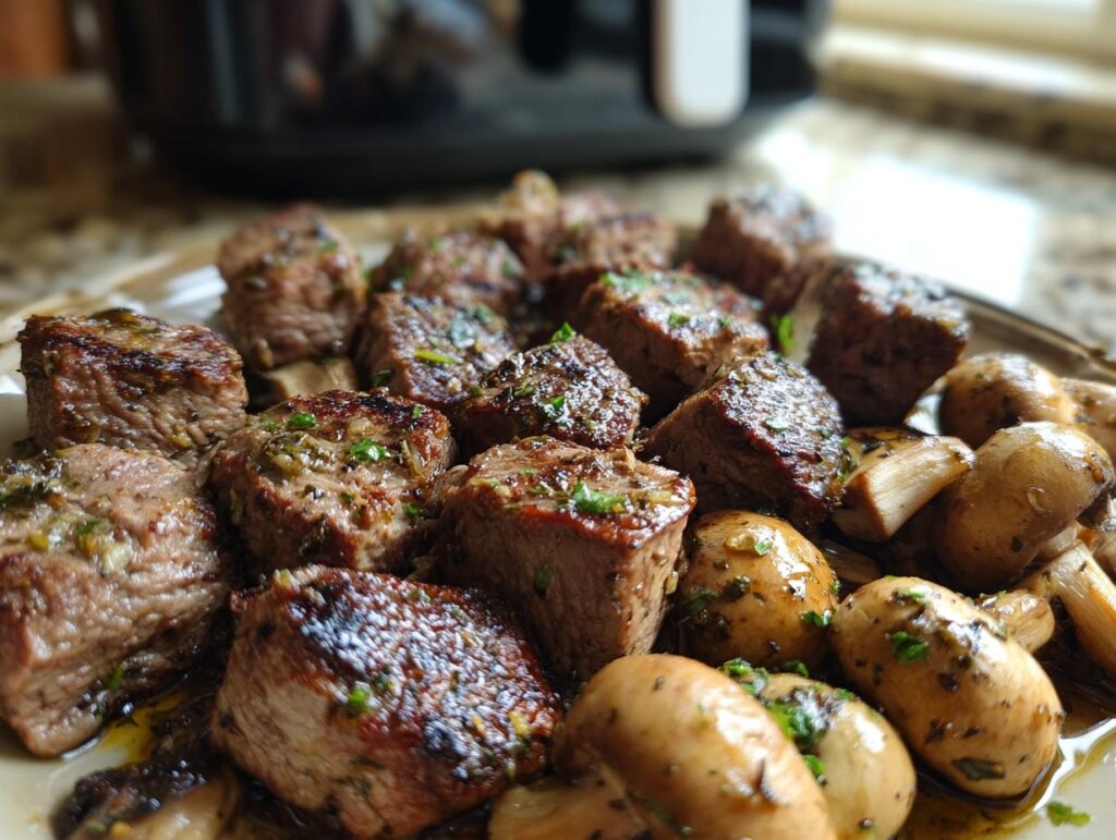 Close-up of juicy air fryer steak bites and mushrooms seasoned with herbs, ready to serve.