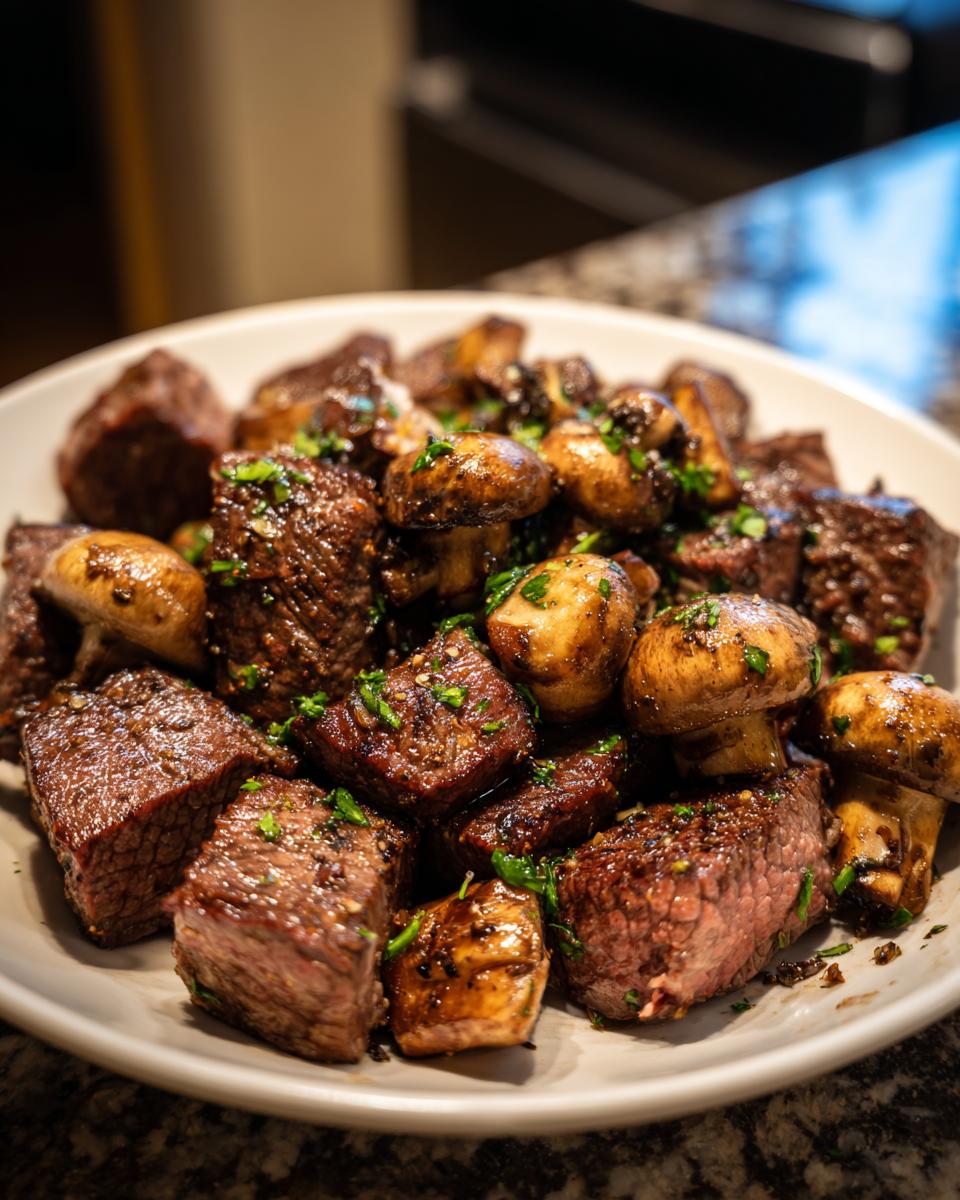 A close-up of juicy air fryer steak bites and whole mushrooms seasoned and garnished with herbs.